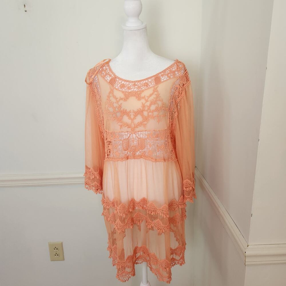 Ali Miles Swim Coverup Tunic Top Size Medium Womens Sheer Mesh Embroidered Dress